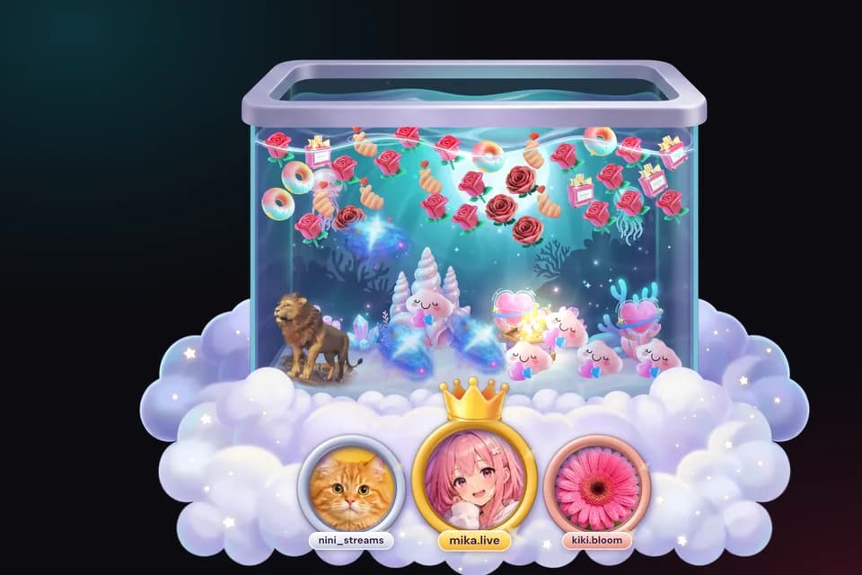 overlay Gift Aquarium: ของขวัญลอยและจมในตู้กระจก พร้อมผู้ส่งของขวัญสามอันดับแรกบนฐานก้อนเมฆ