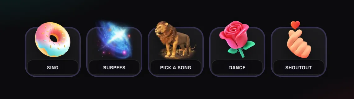 Overlay Gift Menu: một hàng quà tặng với nhãn như Sing, Burpees, Pick a song, Dance và Shoutout
