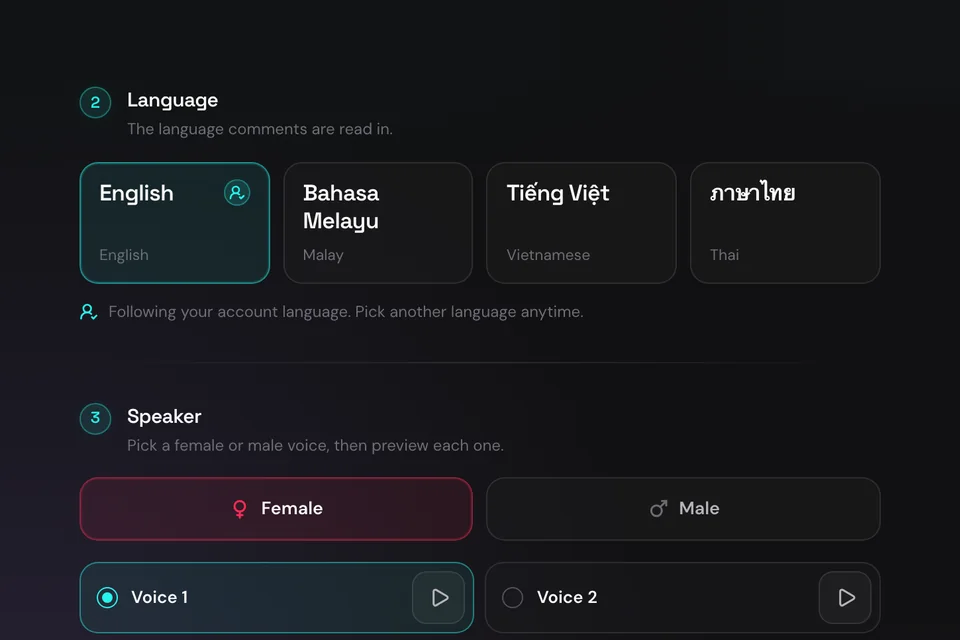 Tetapan suara dengan bahasa Inggeris, Melayu, Vietnam dan Thai, serta pilihan suara perempuan atau lelaki